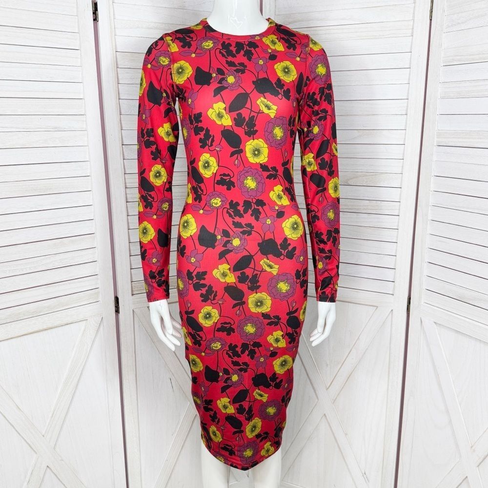 Zara Retro‎ Boho Floral Bodycon Sheath Long Sleeve Midi Dress Red Yellow Small